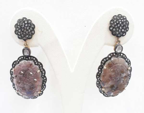 Lovely 925 Sterling Silver Diamond Earring Studded With Polki Diamond &  Sapphire Stone - J-1355