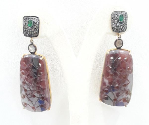 Sparkling Women 925 Sterling Silver Diamond Earring In Carving Sapphire Stone - J-1395