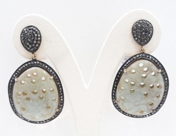 Amazing 925 Sterling Silver Diamond Earring In Green Sapphire Stone -  J-1402