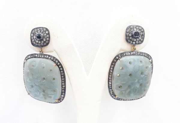 Amazing 925 Sterling Silver Diamond Earring With Green Sapphire & Kyanite Stone - J-1423