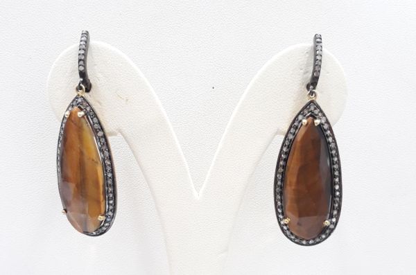 Lovely 925 Sterling Silver Diamond Earring Studded With  Tiger Eyes Stone - J-1432