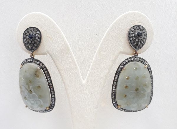  925 Sterling Silver Diamond Earring In Green Sapphire Stone - J-1438