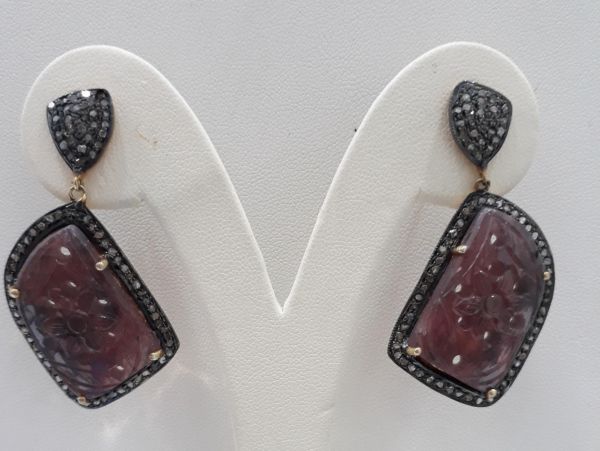 Fine 925 Sterling Silver Diamond Earring With Sapphire Stone &  Black Rhodium Plating -  J-1445