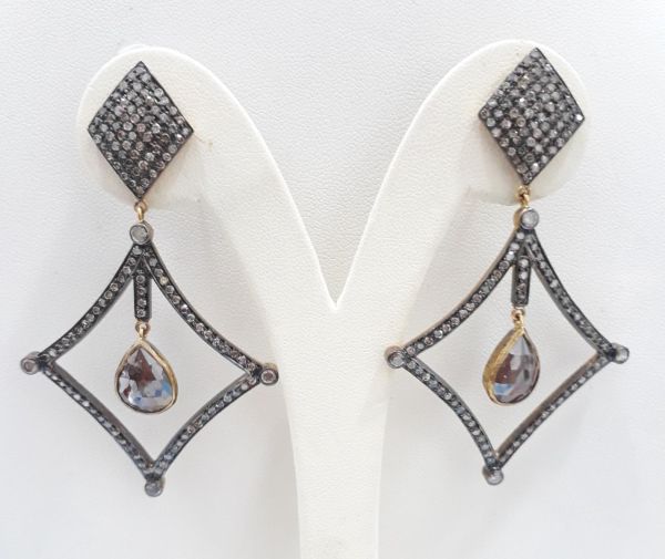 Lovely 925 Sterling Silver Diamond Earring Studded With Polki  Brown Diamond Stone -  J-1474
