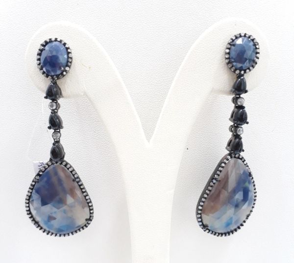 Stunning 925 Sterling Silver Diamond Earring With Blue Sapphire, Black Onyx Stone - J-1490