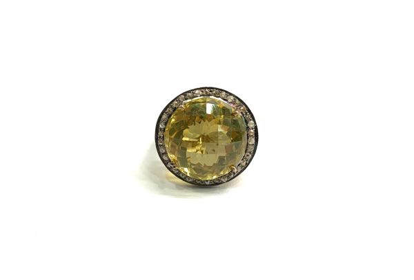 Victorian Jewelry, Diamond Ring With Rose Cut Diamond And Lemon Quartz Stone Studded In 925 Sterling Silver Gold, Black Rhodium  Plating. J-1522