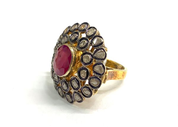 Victorian Jewelry, Diamond Ring With Rose Cut Diamond And Polki Diamond, Ruby Stone Studded  In 925 Sterling Silver Gold Plating. J-1529
