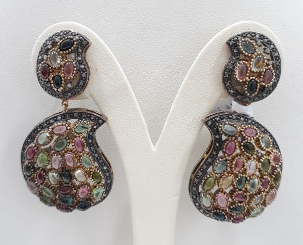 Amazing 925 Sterling Silver Diamond Earring With Rose Cut Diamond & Multi Sapphire Stone - J-1539
