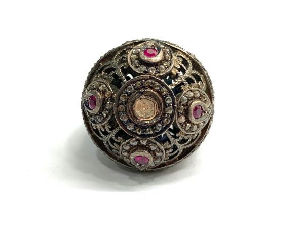 Victorian Jewelry, Silver Diamond Ring With Rose Cut Diamond And Polki Diamond, Ruby Stone Studded  In 925 Sterling Silver Black Rhodium Plating. J-1579