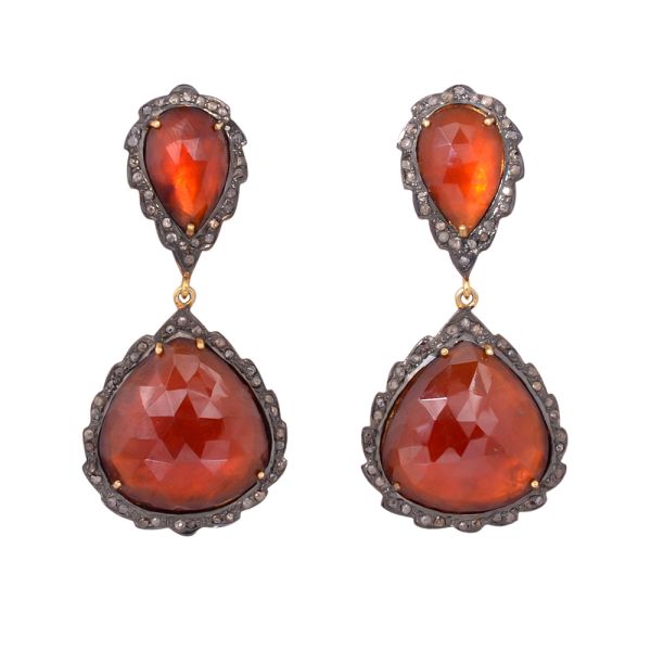 Victorian Diamond Earring With natural Hessonite Garnet In 925 Sterling Silver, Black Rhodium Plating. J-161