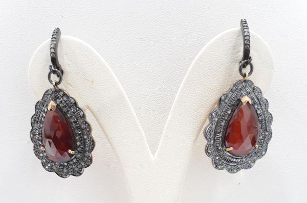 925 Sterling Silver Diamond Earring With Rose Cut Diamond And Hessonite Garnet Stone   - J-1760