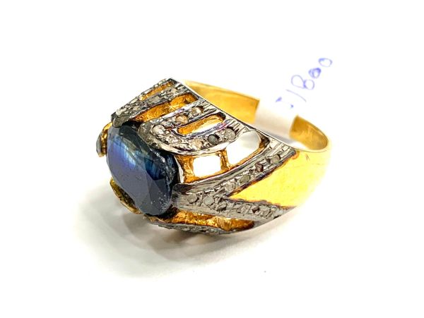 Victorian Jewelry, Silver Diamond Ring With Rose Cut Diamond And Kyanite Stone Studded  In 925 Sterling Silver Gold, Black Rhodium Plating.  J-1800