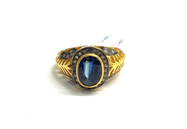 Victorian Jewelry, Silver Diamond Ring With Rose Cut Diamond, And Kyanite Stone Studded  In 925 Sterling Silver Gold, Black Rhodium Plating. J-1810