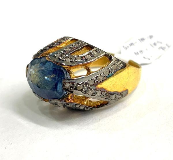 Victorian Jewelry, Silver Diamond Ring With Rose Cut Diamond And Kyanite Stone Studded  In 925 Sterling Silver Gold, Black Rhodium Plating. J-1819