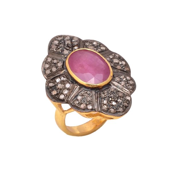Victorian Jewelry, Silver Diamond Ring With Rose Cut Diamond And Ruby Stone Studded In 925 Sterling Silver Gold, Black Rhodium Plating. J-1849