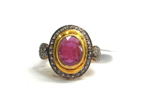 Victorian Jewelry, Silver Diamond Ring With Rose Cut Diamond And Ruby Stone Studded  In 925 Sterling Silver Gold, Black Rhodium Plating. J-1865