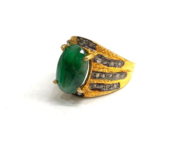 Victorian Jewelry, Silver Diamond Ring With Rose Cut Diamond, And Emerald Stone Studded In 925 Sterling Silver Gold, Black Rhodium Plating. J-1869