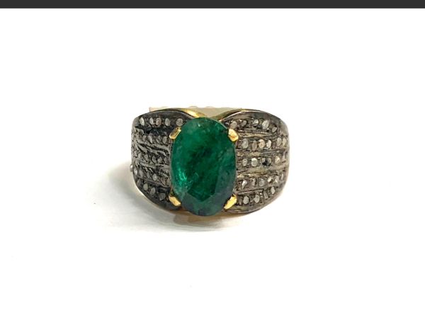 Victorian Jewelry, Silver Diamond Ring With Rose Cut Diamond Emerald Stone Studded  In 925 Sterling Silver Gold, Black Rhodium Plating. J-1876