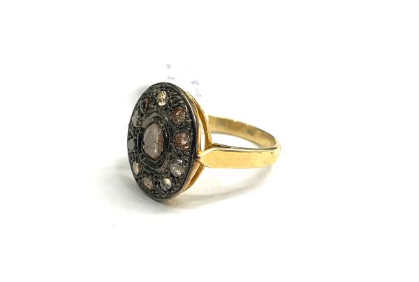 Victorian Jewelry, Silver Diamond Ring With Rose Cut Diamond And Polki Diamond Studded In 925 Sterling Silver Gold, Black Rhodium Plating. J-1899