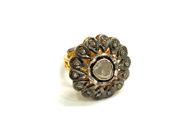 Victorian Jewelry, Silver Diamond Ring With Rose Cut Diamond And Polki Diamond Studded In 925 Sterling Silver Gold, Black Rhodium Plating. J-1915