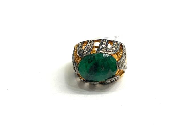 Victorian Jewelry, Silver Diamond Ring With Rose Cut Diamond And Emerald Stone Studded In 925 Sterling Silver Gold, Black Rhodium Plating.J-1924