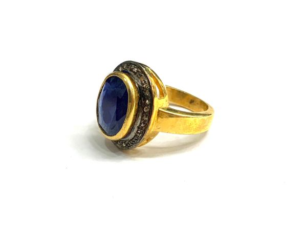 Victorian Jewelry, Silver Diamond Ring With Rose Cut Diamond And Kyanite Stone Studded  In 925 Sterling Silver Gold, Black Rhodium Plating. J-1932