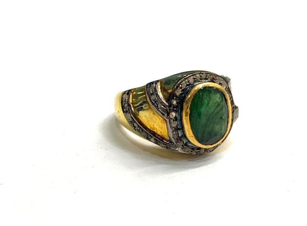 Victorian Jewelry, Silver Diamond Ring With Rose Cut Diamond And Emerald Stone Studded  In 925 Sterling Silver Gold, Black Rhodium Plating. J-1941