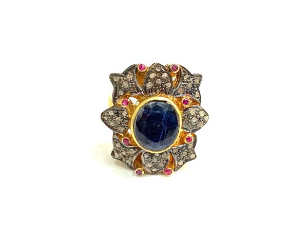 Victorian Jewelry, Silver Diamond Ring With Rose Cut Diamond And Kyanite Stone Studded  In 925 Sterling Silver Gold, Black Rhodium Plating. J-1945