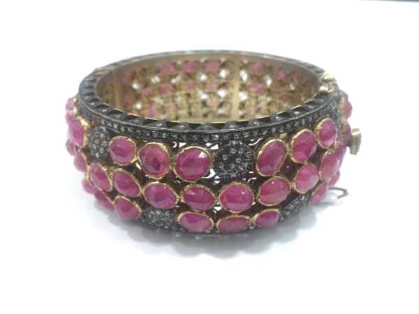 925 Sterling Silver Diamond Bangle With Rose Cut Diamond And Natural Ruby -J-1981 A 