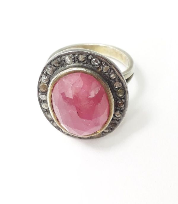 Victorian Style, 925 Sterling Silver Diamond Ring With Natural Ruby Stone Studded In Gold And Black Rhodium. J-1993