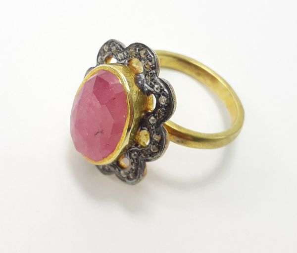  Victorian Style, 925 Sterling Silver Diamond Ring With Natural Ruby Stone Studded In Gold And Black Rhodium. J-1995