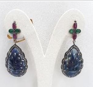 Victorian Jewelry, Silver Diamond Earring With Rose Cut Diamond, Ruby And Polki Diamond In 925 Sterling Silver Gold, Black Rhodium Plating. J-2023