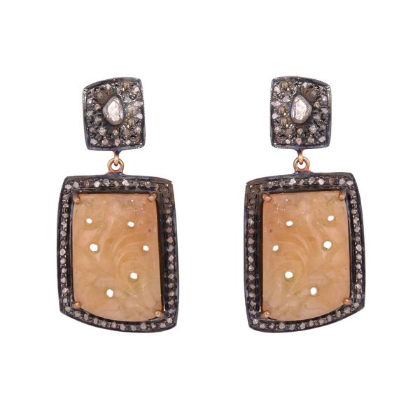  925 Sterling Silver Diamond Earring -  Yellow Sapphire Stoneand Rose Cut Diamond  - J-2036