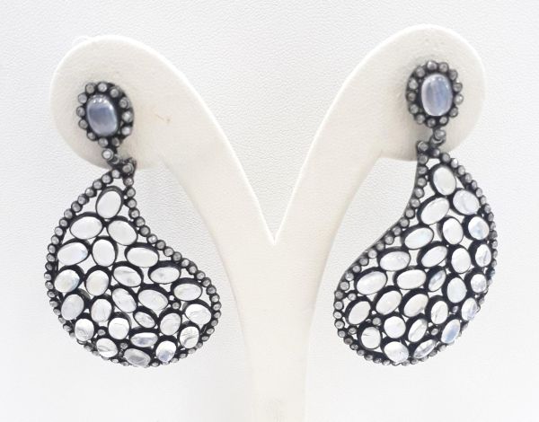  925 Sterling Silver Diamond Earring With Natural Rainbow Moonstone Stone - J-2041