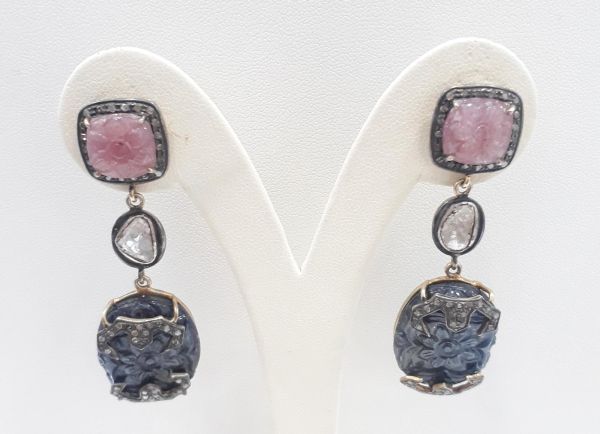  925 Sterling Silver Diamond Earring With Polki Diamond, And Natural Multi sapphire Stone   - J-2044