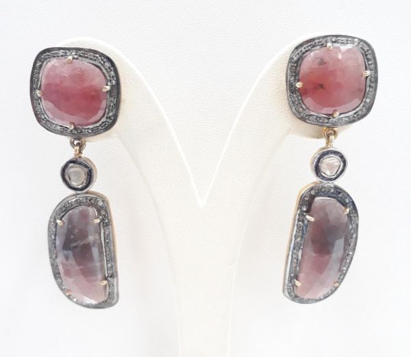  925 Sterling Silver Diamond Earring - Polki Diamond, And Natural Multi sapphire Stone    - J-2051