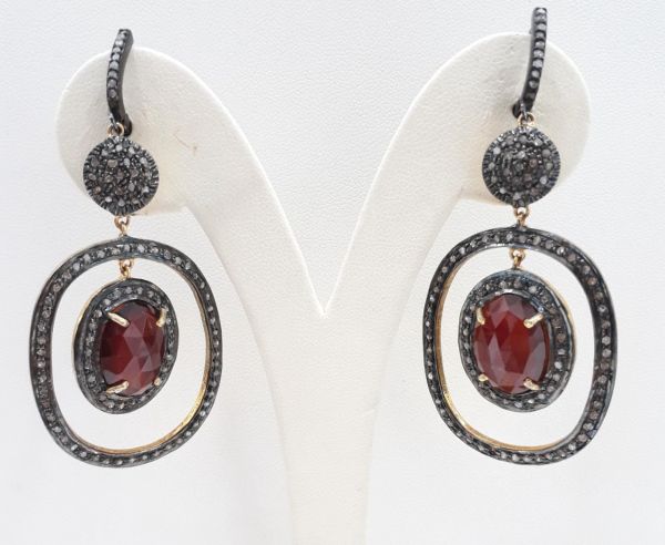 925 Sterling Silver Diamond Earring Studded  With Natural Ruby  Stone  - J-2068