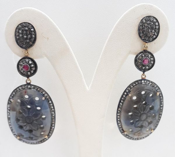  silver Diamond Earring With Natural Diamonds And Natural Stone With Gold Plaitng   - J-2069