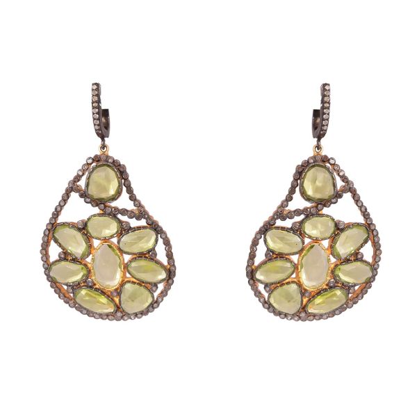  925 Sterling Silver Diamond Earring  Studded With Natural Peridot Stone   - J-2074
