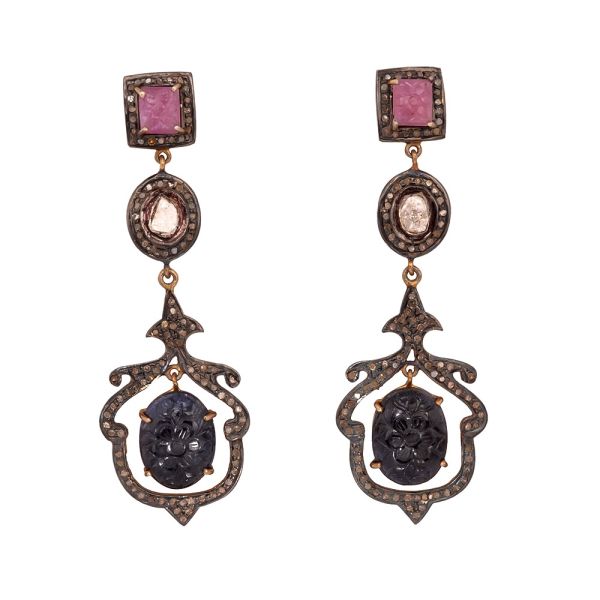  925 Sterling Silver Diamond Earring - Natural Multi sapphire Stone   - J-2076