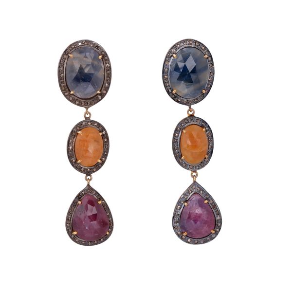  925 Sterling Silver Diamond Earring With Gold, Black Rhodium Plating - J-2078