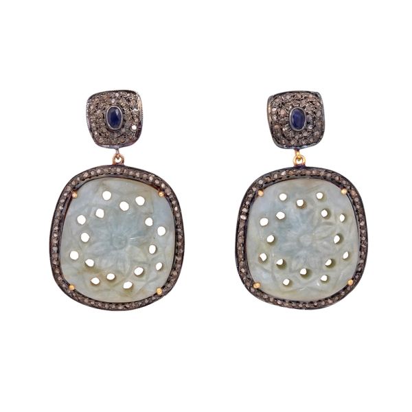  925 Sterling Silver Diamond Earring-  Natural Kyanite, Sapphire  Stone  - J-2079