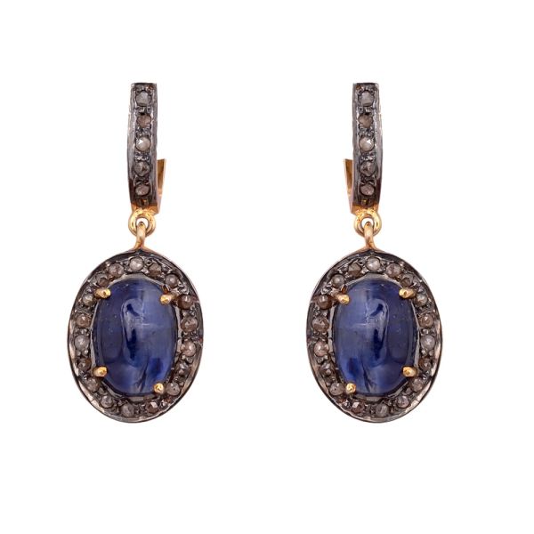  925 Sterling Silver Diamond Earring  Studded With Natural Blue Sapphire  Stone  - J-2082