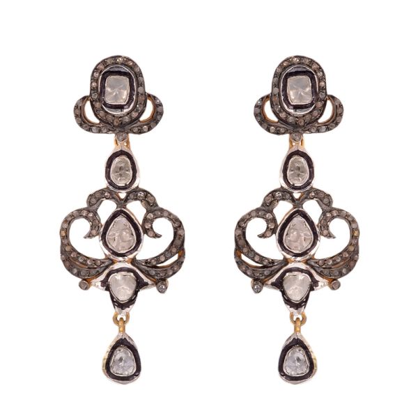  925 Sterling Silver Diamond Earring With Polki Diamond In Black Rhodium Plating -J-2092