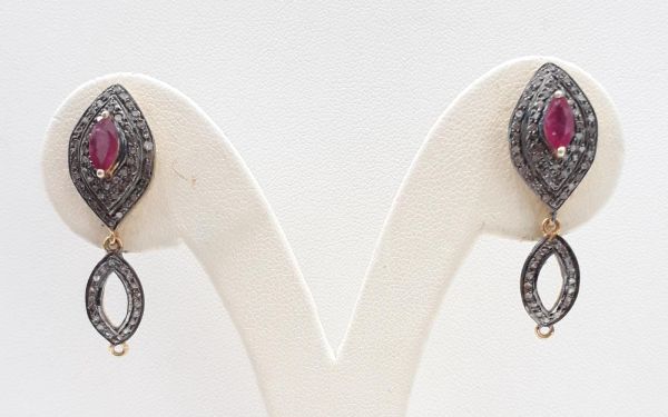  925 Sterling Silver Diamond Earring With Natural Ruby Stone In Victorian Style   - J-2093