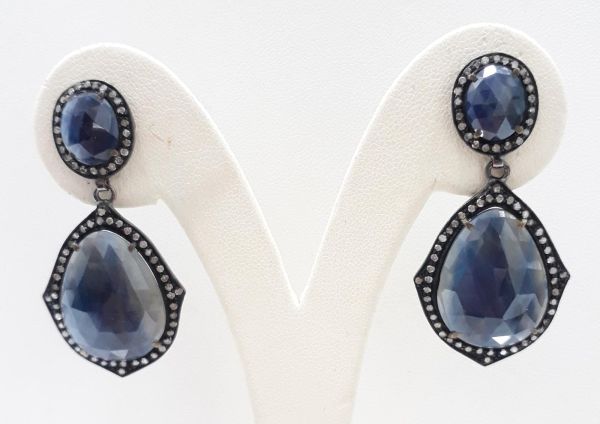  925 Sterling Silver Diamond Earring Studded With Natural Blue Sapphire Stone - J-2097