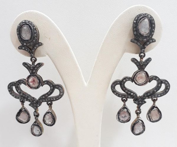  925 Sterling Silver Diamond Earring Studded With  Polki Diamond - J-2099