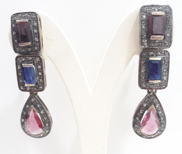  925 Sterling Silver Diamond Earring With Natural Ruby, And Kyanite, Pink Tourmaline - J-2100