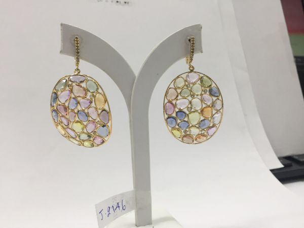 925 Sterling Silver Diamond Earring - Rose Cut Diamonds And Natural Multi Sapphire Stone - J-2146