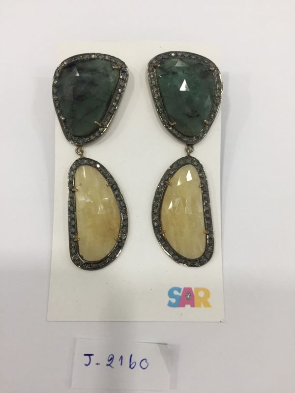  925 Sterling Silver Diamond Earring In Natural Emerald, Yellow Sapphire Stone - J-2160